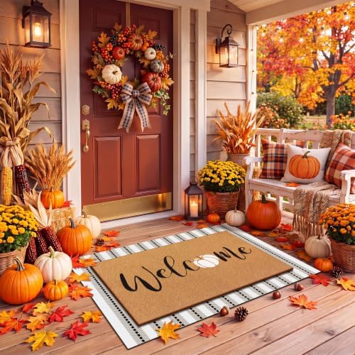 Drydiet 2 Pcs Fall Layered Doormat, Blue White Pumpkin Welcome Rug - Image 5
