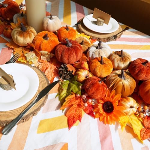 Winlyn Set of 16 Assorted Farmhouse Fall Artificial Velvet Pumpkins Rust Orange Champagne Gold Decorative Fabric Foam Pumpkins for Autumn Home Wedding Thanksgiving Halloween Harvest Table Centerpiece - Image 3