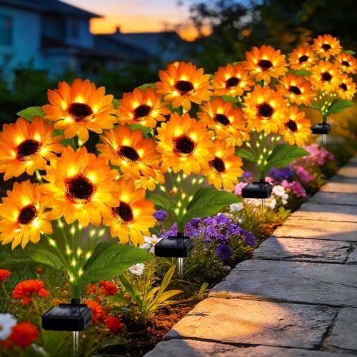 Solar Garden Lights Outdoor, 4 Pack Solar Sunflower Lights with 18 Head 3.5 Inch Flowers, Waterproof Flowers Light Fall Decor Auto ON/Off for Garden Yard Patio Backyard, Gifts for Mom Women by MRHEPHAESTUS
