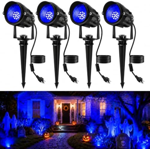 Halloween Blue Landscape Lights Outdoor, 14 LED Landscape Lighting with US Plug, IP65 Waterproof Spotlights for Tree Yard Garden Pathway Christmas Decor 4 Pack by CREPOW