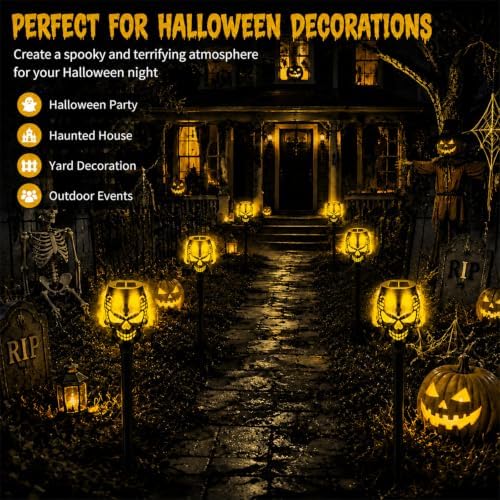 8 Pack Solar Halloween Lights Outdoor, Flickering Flame Skull Torches, Waterproof Purple Solar Lights for Yard, Spooky Skull Pathway Lights for Halloween Outdoor Decorations (Yellow) - Image 7