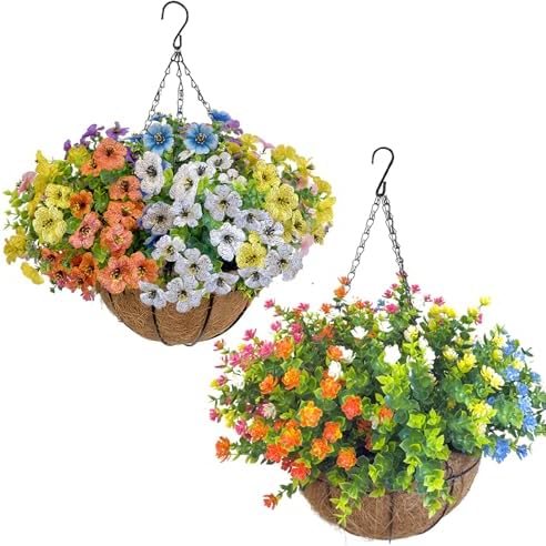 Artificial Hanging Plants Flowers with Basket 2 Packs, Faux Hanging Plants Outdoor, White+Pink+Yellow+Orange+Blue+Green&White+Pink+Yellow+Orange+Blue+Purple by BCBLF