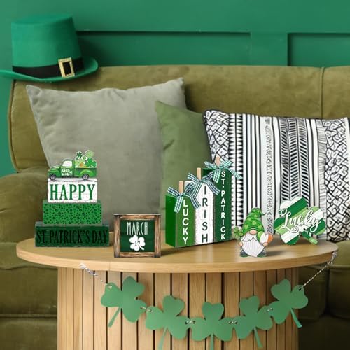 Vercraft 11 Pcs St. Patrick's Day Table Decorations Shamrocks Tiered Tray Home Decor Irish Centerpiece Decorative Wood Books Table Top Decor Clover Wooden Sign for Party Supplies - Image 3