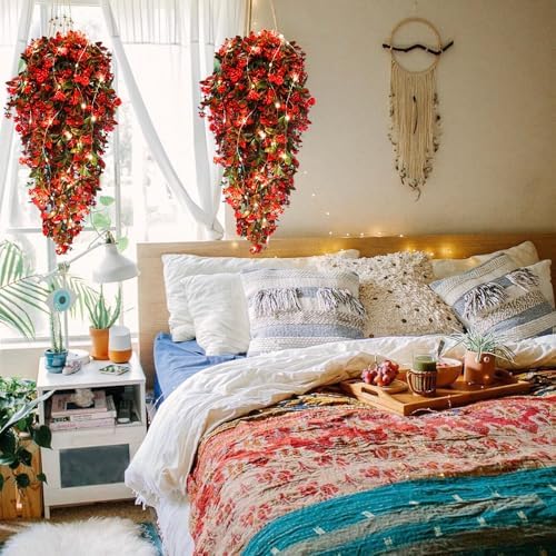 RECUTMS 2Pcs Artificial Red Hanging Flowers with Lights for Outdoor Decor - Image 5