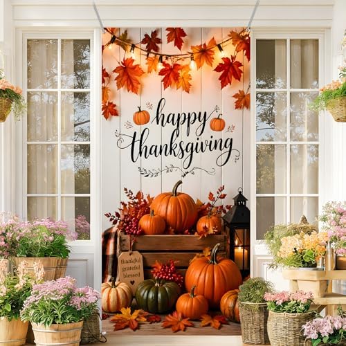 Happy Thanksgiving Door Cover 35.4x70.8in, Fall Pumpkins Maple Leaves Front Porch Banner, Autumn Harvest Thanksgiving Backdrop for Indoor Outdoor Home Yard Wall Decor - Image 7
