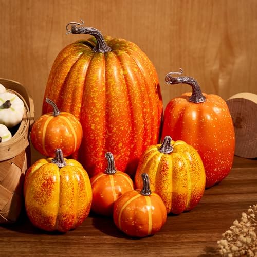 Halloween Autumn Harvest Festival 7 Artificial Pumpkins of Various Styles Decorate Rural Style Farmhouses Foam Pumpkins Thanksgiving Dinner Party Home Festival Autumn Decoration (Orange) - Image 5