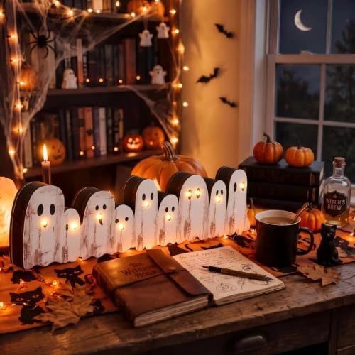 Yousoontic Halloween Ghost Decor Table Centerpieces, Cute Wooden Sign Decorations with LED Lights 3D Block, Lighted Ghost Ornament for Tabletop Mantel Windowsill Mantel Desk Table Home Office Party - Image 4