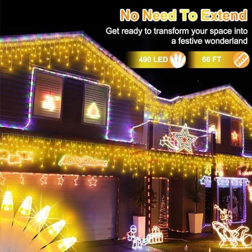Christmas Icicle Lights Outdoor 66FT 490 LED Drops Warm White - Image 2