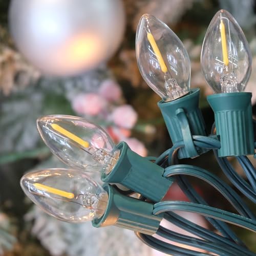 SUNSGNE C7 LED Clear Christmas String Lights Outdoor, 25FT Vintage Christmas Tree Lights with 27 0.6W Bulbs(2 Spare) for Patio Porch Balcony Xmas Decor, Green Wire by SUNSGNE