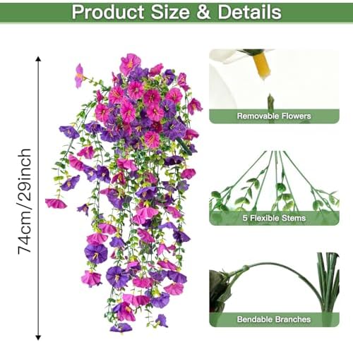Artificial Flowers for Outdoors Fake Morning Glory Hanging Flower Decoration, 6 Pcs Realistic Faux Plants Petunias Trailing Vines, Spring Decor for Porch Patio Balcony Planter Yard(Purple+Fuchsia) - Image 2