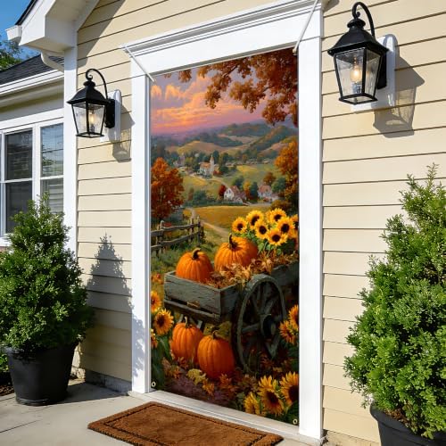 NYZE Fall Pumpkin Door Cover, Autumn Sunflower Cart Harvest Door Banner, Farmhouse Pumpkin Sunflower Door Cover for Indoor Outdoor Porch - Image 5