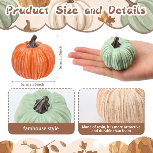 Geelin 12 Pcs Green Rustic Fall Pumpkin Decor Resin Pumpkins for Thanksgiving Decorations Farmhouse Decorative Pumpkins 2.36" for Fall Home Decor Autumn Tabletop Centerpiece Harvest Wedding - Image 2
