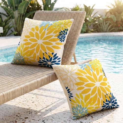 AVOIN colorlife Dahlia Flowers Yellow and Blue Waterproof Outdoor Throw Pillow Covers, 18 x 18 Inch Outdoor Summer Cushion Case Decoration for Patio Garden Porch Set of 2 - Image 2