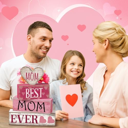 Yuntau 4 Pcs Mothers Day Table Decorations Best Mom Ever Wooden Blocks Sign - Image 6