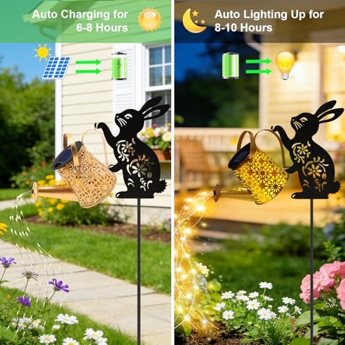 Solar Watering Can Lights, 2 Pack Bunny Hanging Lantern Solar Lights Outdoor, Rabbits Lover Gifts for Mom Women Birthday Mother's Day, Waterproof Garden Decor Outside Patio Yard Pathway Backyard - Image 3