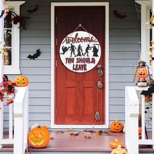 Halloween Horror Welcome Sign for Front Door, Welcome You Should Leave Sign, Horror Movie Characters Door Hanger, Halloween Door Sign Scary Halloween Decorations Wreath for Farmhouse Porch Wall Decor - Image 6