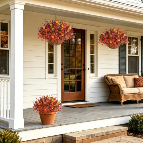Fake Mums Artificial Fall Flowers Hanging Baskets Outdoors for Decoration - Image 7
