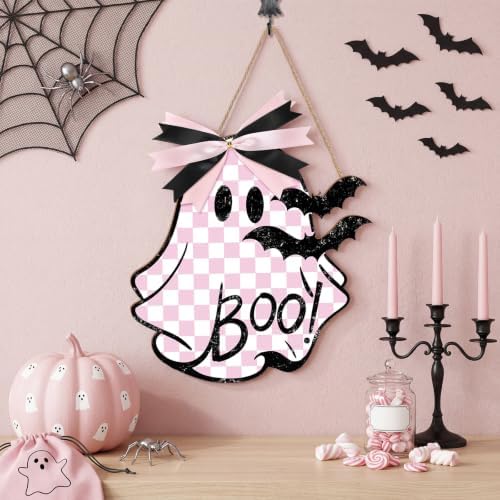 Huwena Halloween Door Signs, Pink Ghost Wooden Hanging Sign, 12" Cute Wall Decor, Spooky Ornament Bow Bat, Wall Hanger Decoration for Front Door Porch Indoor Outdoor Halloween Party Gothic Home Decor - Image 3