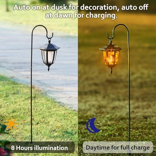 Dynaming 2 Pack Solar Flame Hanging Lights Outdoor, Halloween Solar Flickering Flame LED Garden Lanterns with 2 x 38 Inch Shepherd Hooks, Christmas Lighting for Lawn Patio Yard Pathway Driveway - Image 2