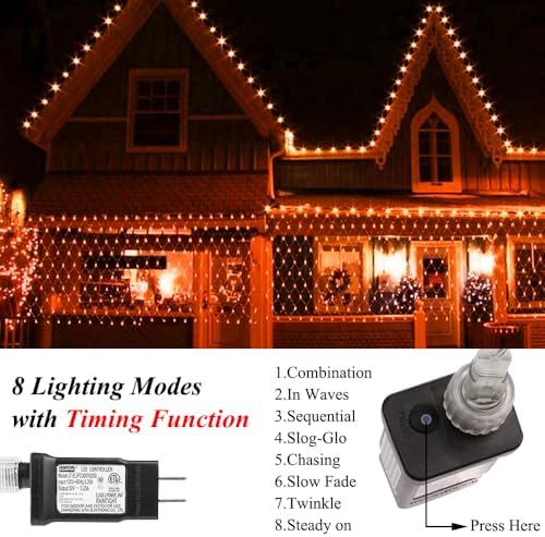 Net Light Outdoor Mesh Christmas Decorations, 100LED String Light Plug in Connectable Tree Warp Hanging 5ft x 5ft for Halloween, Shrubs, Lawn, Backyard, Walkway, Bushes, Garden Decor-Orange - Image 3