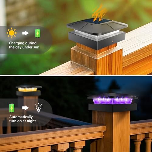 Peasur 2 Packs 4x4 Solar Post Cap Lights Outdoor, Purple & Warm White LED Fence Caps Light Waterproof, Wood & Vinyl Post Top Lighting for Deck Mailbox Railing Porch Outside - Image 5