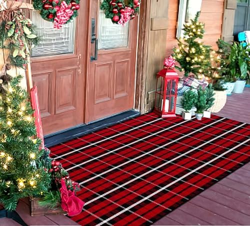 Christmas Outdoor Rugs 3' x 5'Red Black Buffalo Plaid Front Porch Rug Hand-Woven Machine Washable Indoor/Outdoor Layered Door Mats for Entryway/Bedroom/Outdoor - Image 6