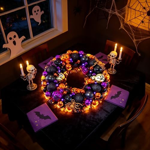HipTree 13.8 Inch Halloween Ball Wreath for Front Door with Lights - Image 6