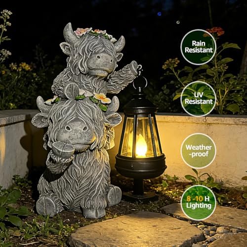 Solar Garden Outdoor Statues Lantern Figurines Light Decorations for Outdoor Patio Balcony Yard Lawn, Ideal Gifts for Mom Friends (Cement Gray- Cow) - Image 2