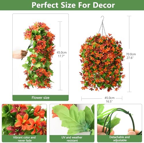 INQCMY Artificial Hanging Flowers Decoration, 4pcs Fake Floral Basket Plants for Outdoor Porch, Faux Shrubs Home Spring Decor UV Resistant Potted Violets for Outside Garden No Fade - Image 3