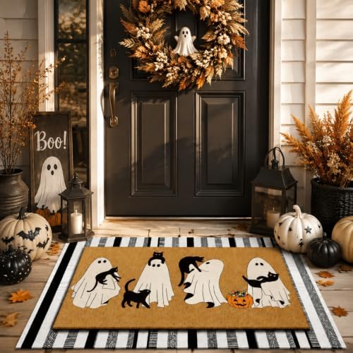 Drydiet 2 Pcs Halloween Door Mat Set, Ghost Cat Pumpkin Front Door Rug - Image 2
