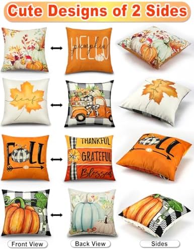 TOYPOPOR Fall Decorations Pillow Covers Double-Side Printing 20'' x 20'' Set of 4, Pumpkins Thankful Blessed Buffalo Plaid Fallen Leaves Thanksgiving Throw Cushion Cases for Outdoor Indoor Home Decor - Image 2