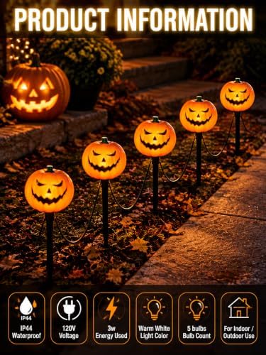 10.5FT Halloween Pumpkin Pathway Lights, 5PK C7 LED Pumpkin Stakes Lights - Image 3