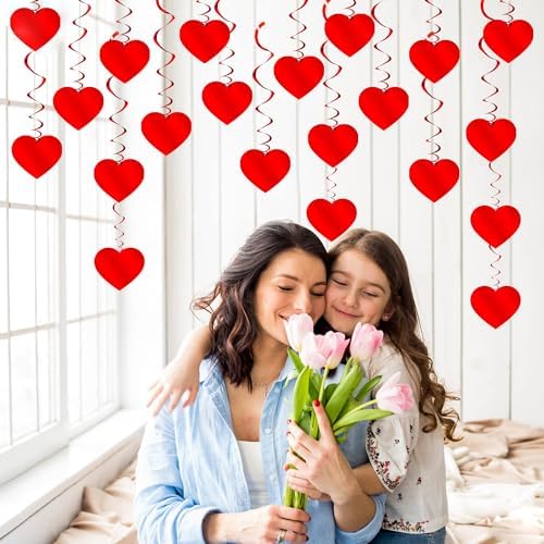 PartyGarden Red Hanging Heart Party Decorations - 24 Pcs Pre-Assembled Ceiling Hanging Swirls for Valentines Day, Galentines Day - Image 5