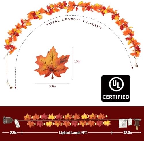 Thanksgiving Decorations Fall Maple Leaf String Lights 9FT Maple Leaves Lights 50 Orange Bulbs Lighted Fall Leaf Garland Lights Lighted Fall Garland Lights Halloween Fall Lights Indoor Outdoor - Image 2