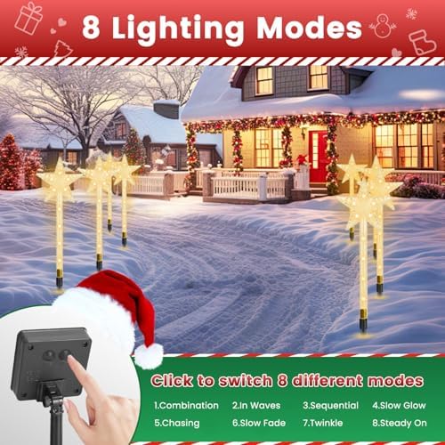 Solar Christmas Decorations Outdoor-8 Pack 64 Warm White LED Star Pathway Lights with 8 Modes IP64 Waterproof Xmas Decoration for Garden Patio Yard Porch Driveway - Image 4