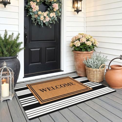 KOZYFLY Striped Rug 27.5x43 in Black White Woven Washable Front Door Mat - Image 2