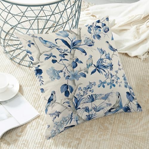 CXMEIFLY Navy Blue Spring Floral Pillow Covers 16 x 16 Inch Set of 2 for Chinoiserie Flowers Bird Decor Throw Pillows Vintage Plant Outdoor Decorative Cushion Cases for Couch Bed Decorations - Image 4