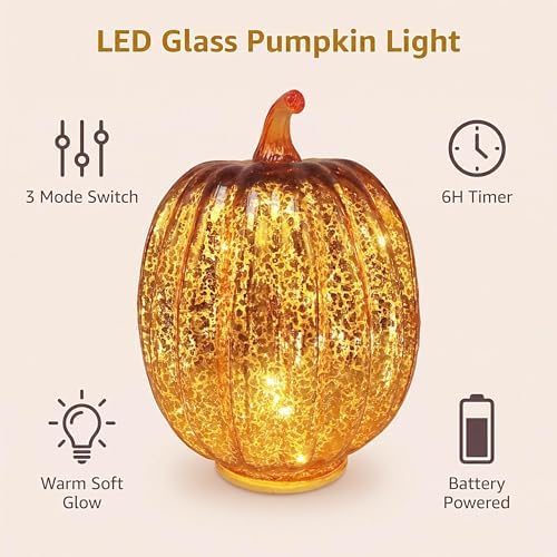 Fall Decorations for Home,Mercury Glass Pumpkin Lights with Timer(Gold) - Image 5