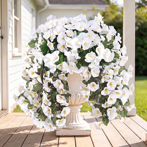 Sggvecsy Artificial Fake Hanging Flowers Plants for Outdoor Outside Spring Summer Decoration 4PCS Faux Silk UV Resistant Realistic Morning Glory Trailing Vines for Home Porch Patio Balcony(White) by Sggvecsy