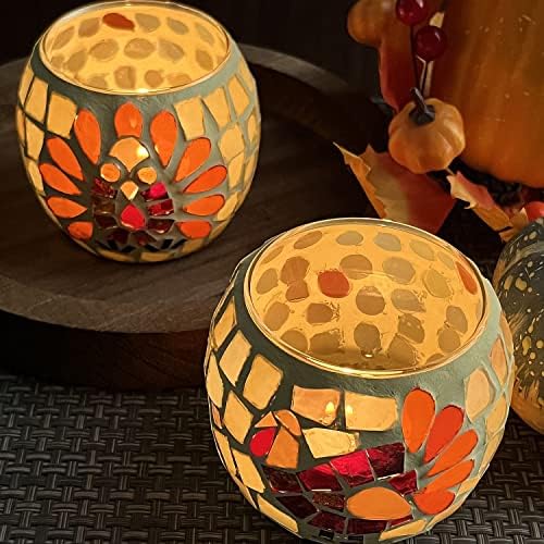 SHMILMH Thanksgiving Votive Candle Holder Set of 4, Mosaic Glass Tealight Holders with Turkey for Fall Table Centerpiece Fireplace Party Decorations - Image 2