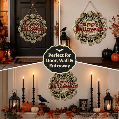 Bloody Skull Halloween Door Hanger Hanging Plaque, Happy Halloween Blood Wooden Sign, Creepy Skull Door Wreath Front Door Signs for Haunted House Front Porch Party Decoration - Image 7