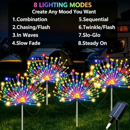 Solar Firework Garden Lights Outdoor, 4 Pack 240 LED Multicolor Solar Firefly Lights with 8 Modes, Waterproof Solar Garden Decorative Lights for Yard Patio Pathway Lawn Flowerbed Backyard Decor - Image 3