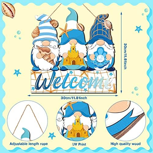 Summer Welcome Sign Wooden Ocean Beach Gnome Hanging Sign Sea Decorations Holiday Door Sign with Ropes Hanging Decor with Starfish for Summer Front Door Porch Farmhouse Outdoor Home Decor - Image 3