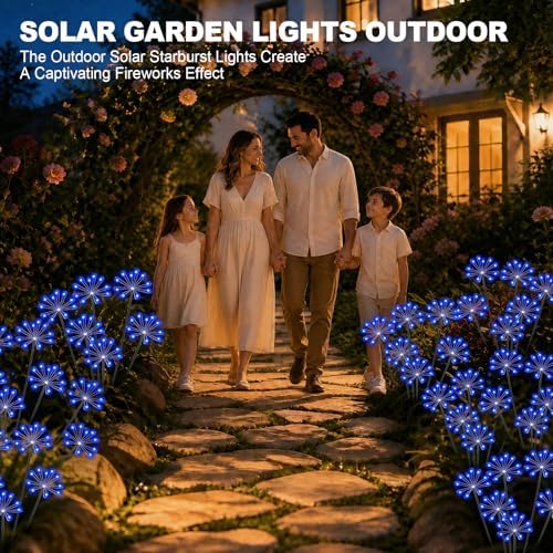 Solar Garden Lights Outdoor, Upgraded Solar Swaying Starburst Light Waterproof with 2 Modes, Solar Fairy Firework Lights for Yard Patio Pathway Flowerbed Balcony Garden Decoration (Blue, 2 Pack) - Image 2