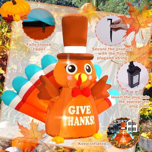 6FT Thanksgiving Inflatable Outdoor Decoration Turkey Inflatable Patio Decoration with Built-in LED Lights, Suitable for Thanksgiving Holiday Party, Patio, Lawn, Garden Winter Decoration - Image 2
