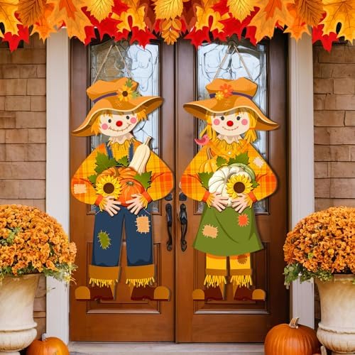 Shellwei 2 Pcs Fall Scarecrow Door Decor, Thanksgiving Welcome Hanging Sign by Shellwei