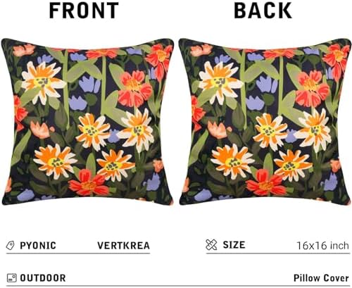 Pyonic Outdoor Pillows Covers Pack of 2 Spring Floral Waterproof Throw Pillow Covers 16X16 inch Outdoor Pillows for Patio Furniture Garden Square Outside Waterproof Pillow,Black - Image 3