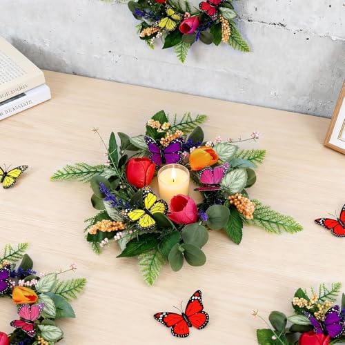 6 PCS Spring Lavender Tulips Hanging Wreaths for Kitchen Cabinets Artificial Small Floral Wreaths for Front Door with Butterfly Spring Summer Mini Wreath for Home Farmhouse Window Porch Wall Decor - Image 2