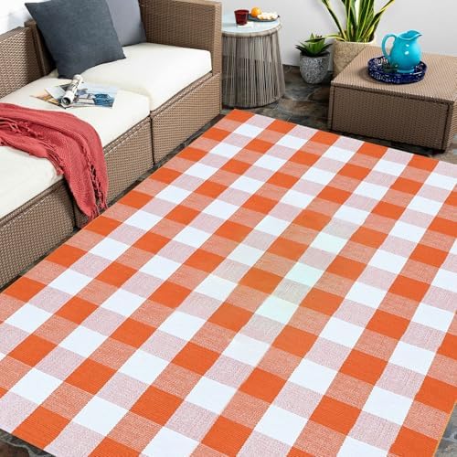 Fall Outdoor Rug Orange Buffalo Plaid Outdoor Rug Cotton Hand-Woven Buffalo Check Rug Layered Doormats for Front Door/Front Porch/Farmhouse/Entryway/Patio - Image 4