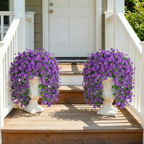 HyeFlora Artificial Faux Hanging Flowers for Outdoor Outside Spring Decoration, 2PCS Fake Silk Purple Daisy Plants UV Resistant Look Real Orchid Mums Vine for Front Door Porch Planter Balcony - Image 4